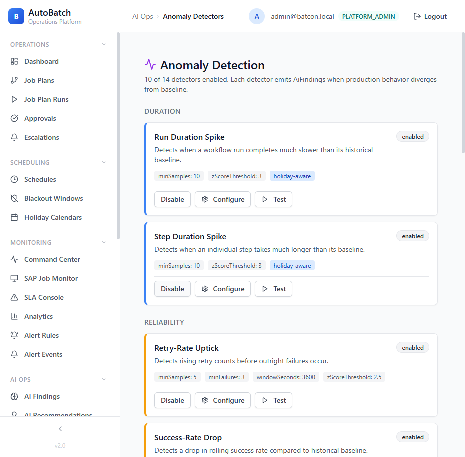 AutoBatch anomaly detection configuration panel showing 14 detectors organised by category