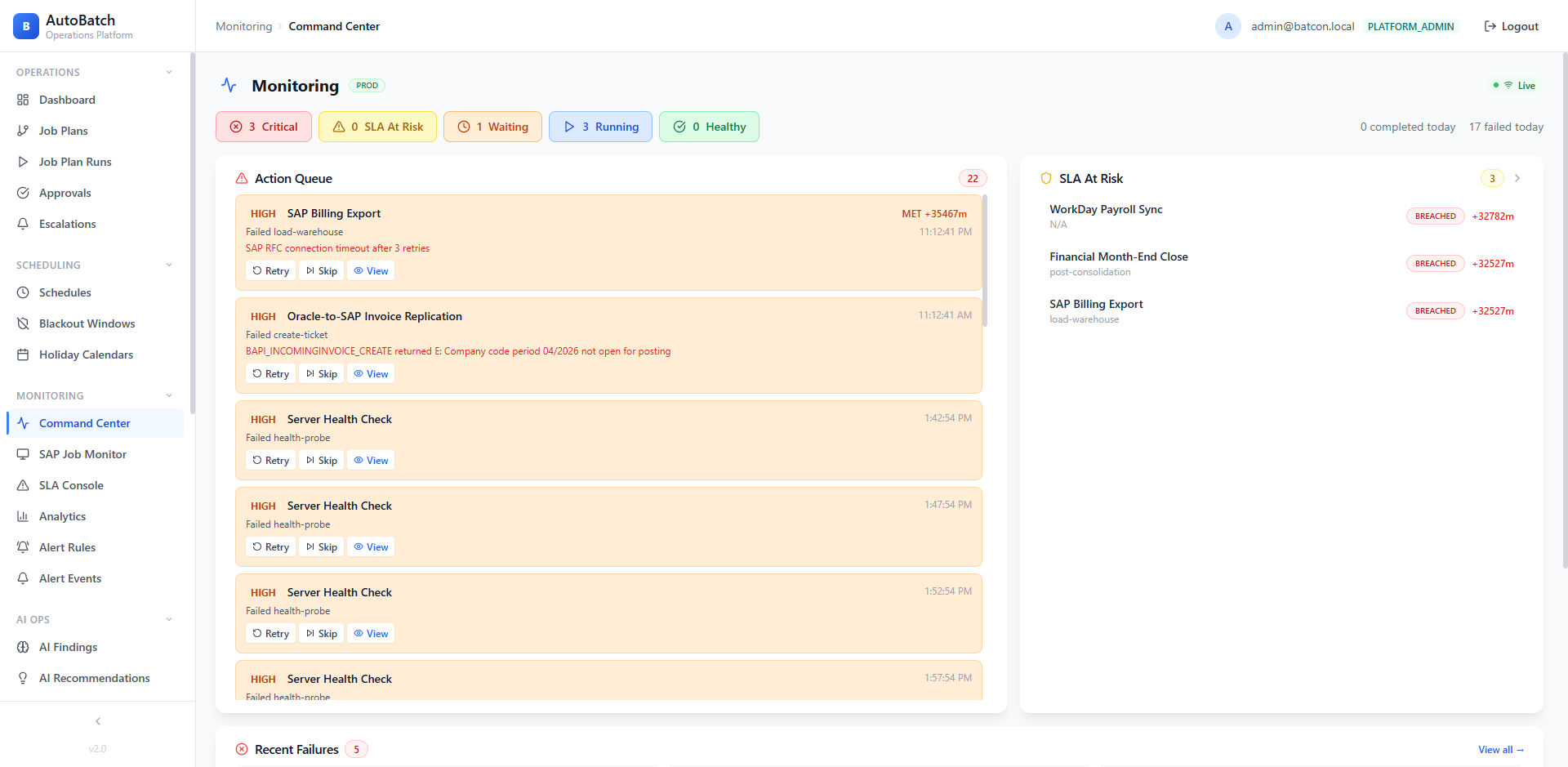 AutoBatch Command Center showing action queue, SLA-at-risk panel, and failed steps with retry options