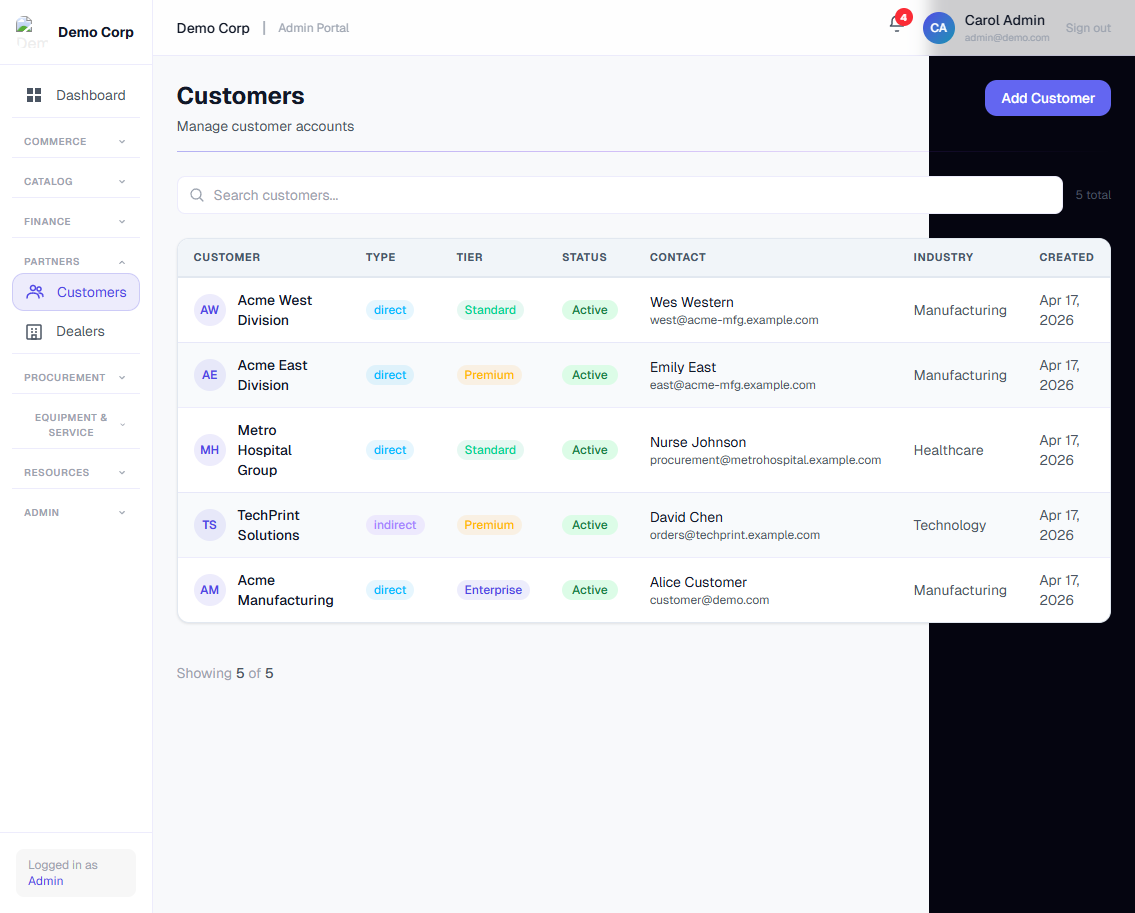 Hubentix customer roster showing type, tier, status, contact and industry across customer accounts