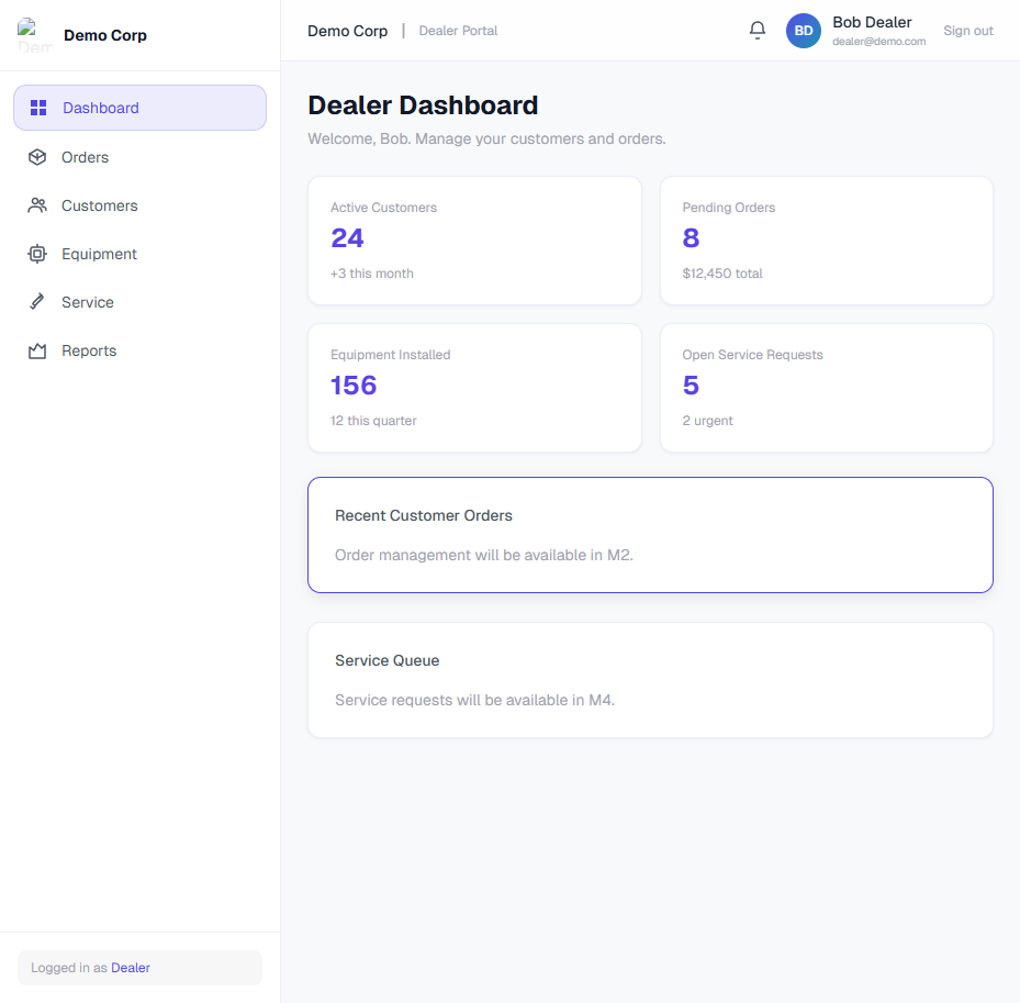 Hubentix Dealer portal with active customers, pending orders, equipment installed and open service requests