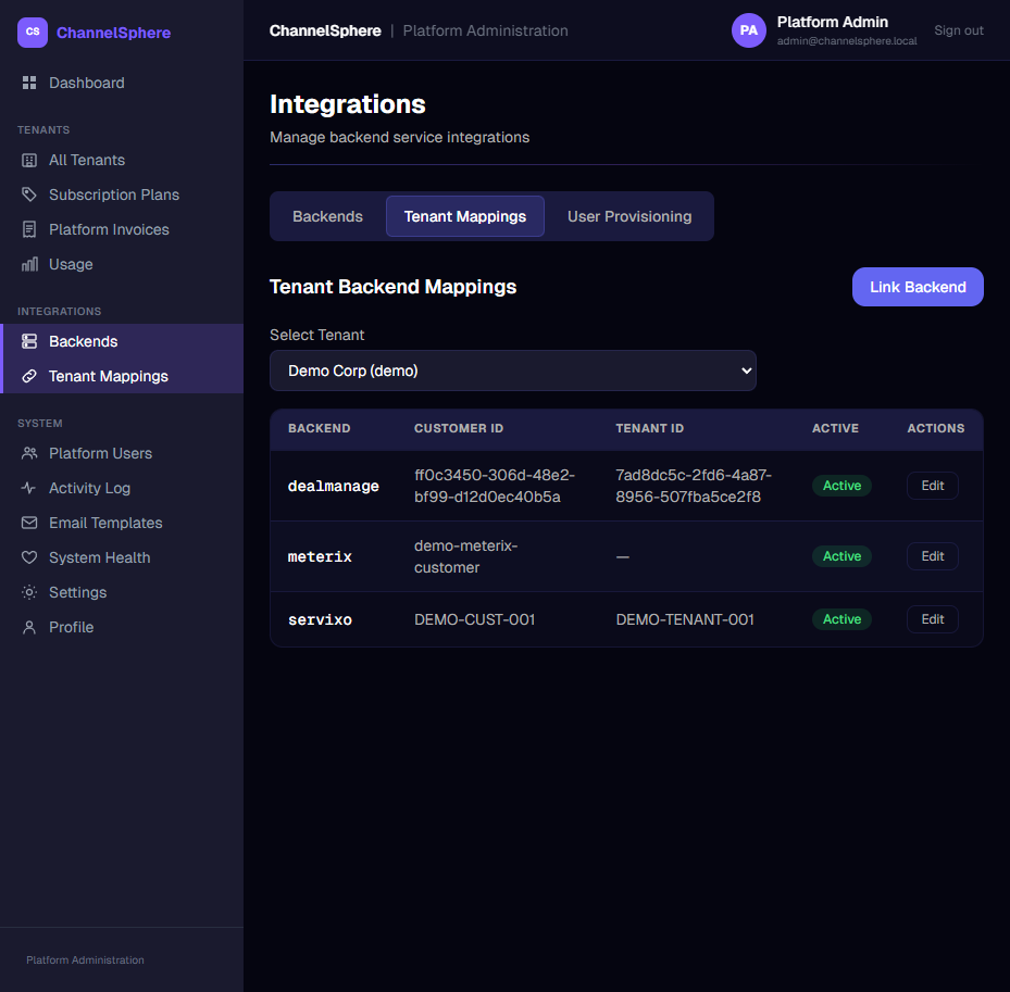 Hubentix platform admin integrations panel mapping tenant identities to backend systems