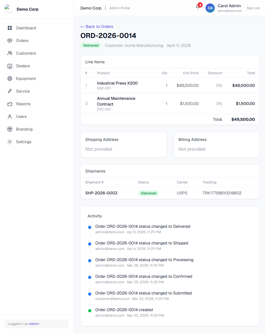 Hubentix order detail with line items, shipments, and activity timeline of status changes